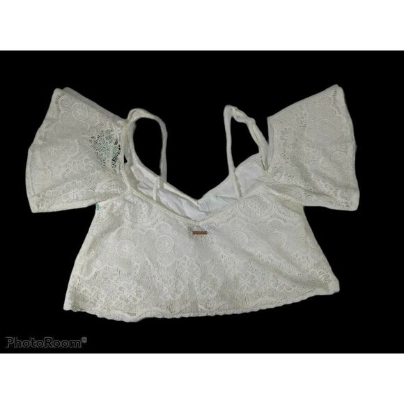 Kendall & Kylie Size Small Crop Top Lace Flutter Sleeve Lined Ivory - Picture 5 of 10